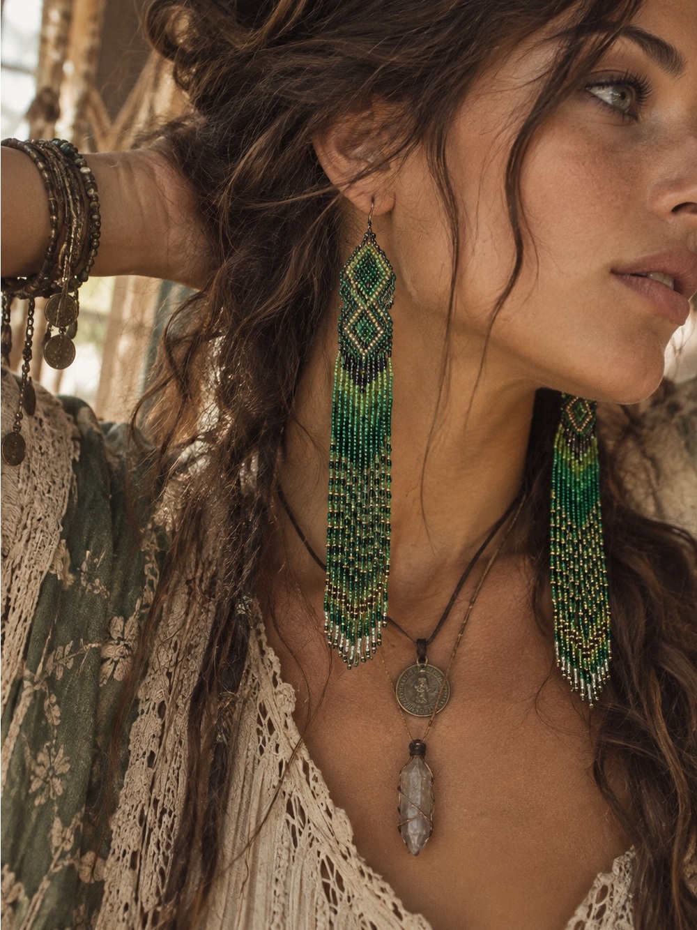 Boho Green Seed Beaded Long Statement Fringe Earrings